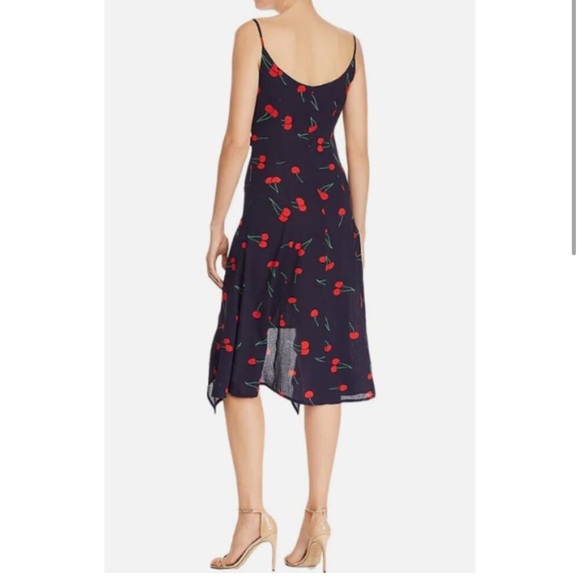 Aqua Cherry print Midi Blue Dress Size Small Red Blue Ruffle Clinch front Dress - Picture 2 of 16